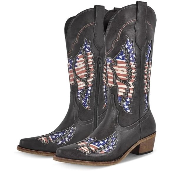 ⚡Women's American Flag Pointed Toe Cowgirl Boots with Patriotic Eagle Embroidery - Picture 1 of 7